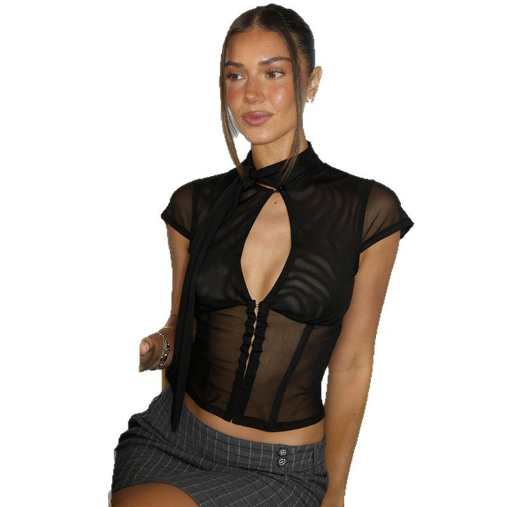Damen Transparentes Spitzenoberteil mit Knotendetail Drune