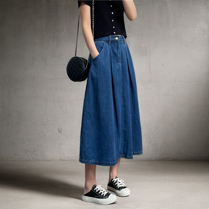 Damen Langer Jeansrock mit Falten und seitlichen Taschen Drune