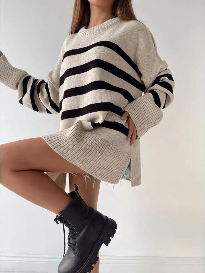Damen Oversized Strickpullover mit modernem Streifenmuster und hohem Kragen Drune