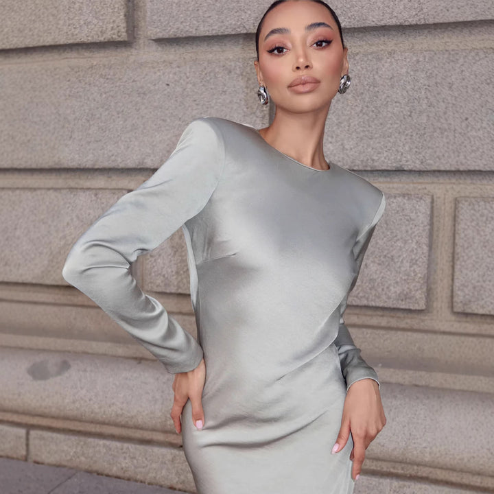 Damen Elegantes Langarmkleid mit glänzendem Satin-Obermaterial und figurbetonter Silhouette Drune