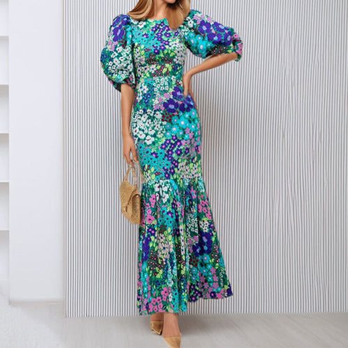 Damen Maxikleid mit voluminösen Ärmeln und eleganter Rüschendetail Drune