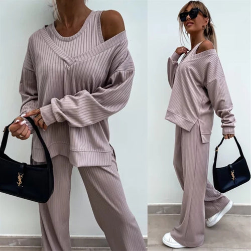 Damen nan elegantes Rippstrick-Zweiteiler Lounge-Set mit einseitigem Schulterfreischnitt und weitem Palazzo-Hosenbein Drune
