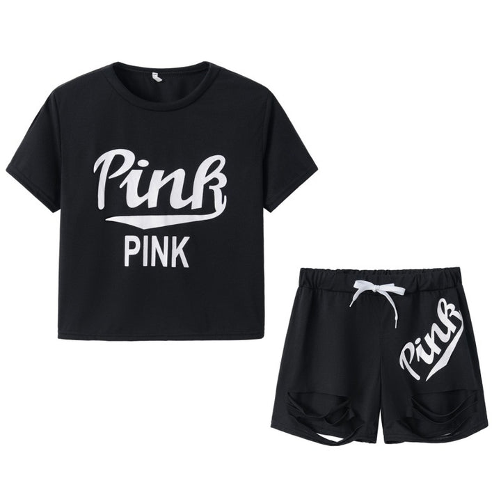 Damen Sportliches T-Shirt und Shorts-Set mit weitem Schnitt und kontrastierenden Aufdrucken Drune