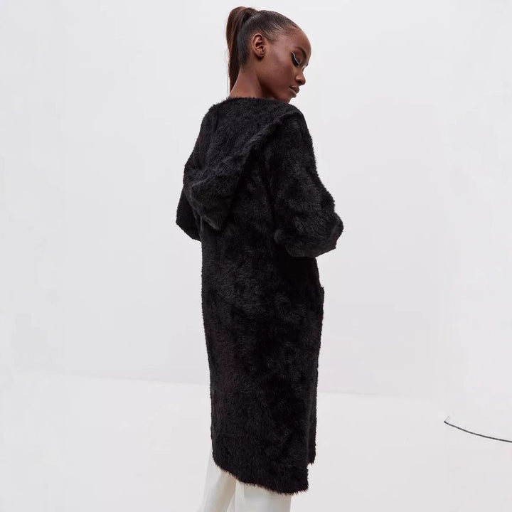 Damen Kapuzen-Strickmantel mit luxuriösem Flauschteil Drune