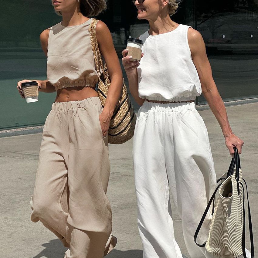 Damen Lässiger Leinen-Jumpsuit mit weitem Bein und Taillierung Drune