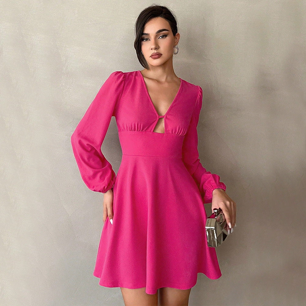 Damen Minikleid mit tiefem V-Ausschnitt und eleganten Puffärmeln Drune