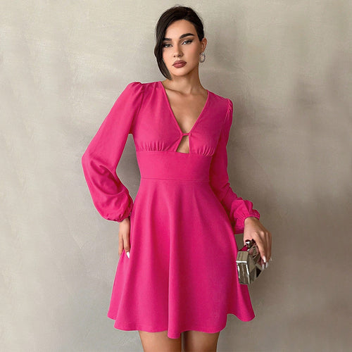 Damen Minikleid mit tiefem V-Ausschnitt und eleganten Puffärmeln Drune