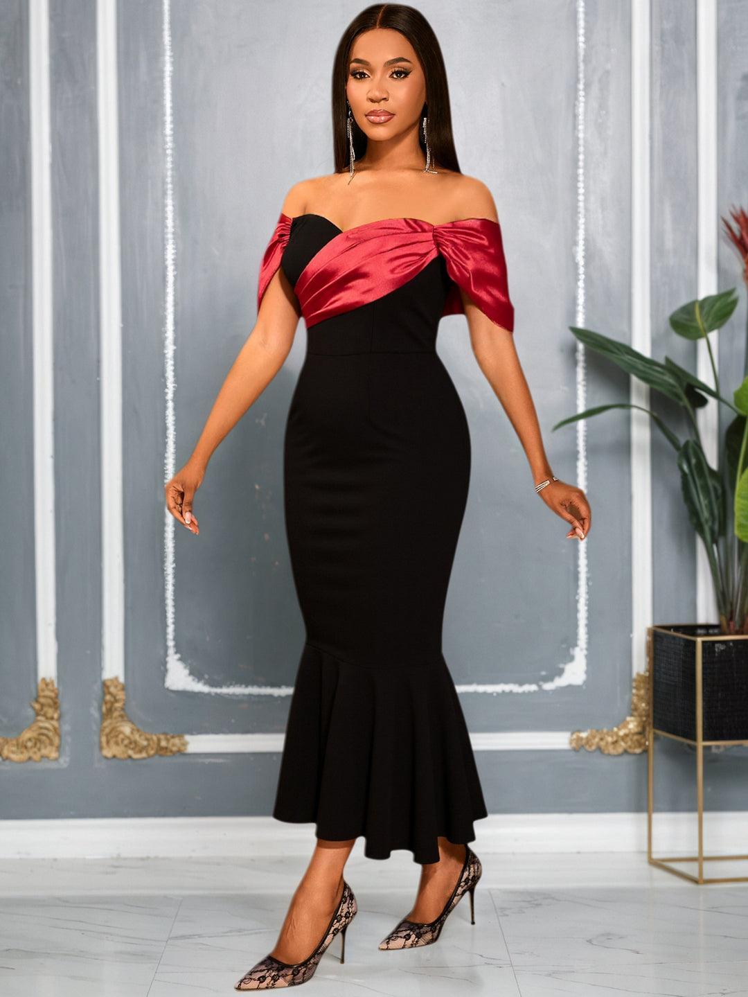 Damen Elegantes schnittloses Abendkleid mit voluminösem Taillenvolant Drune