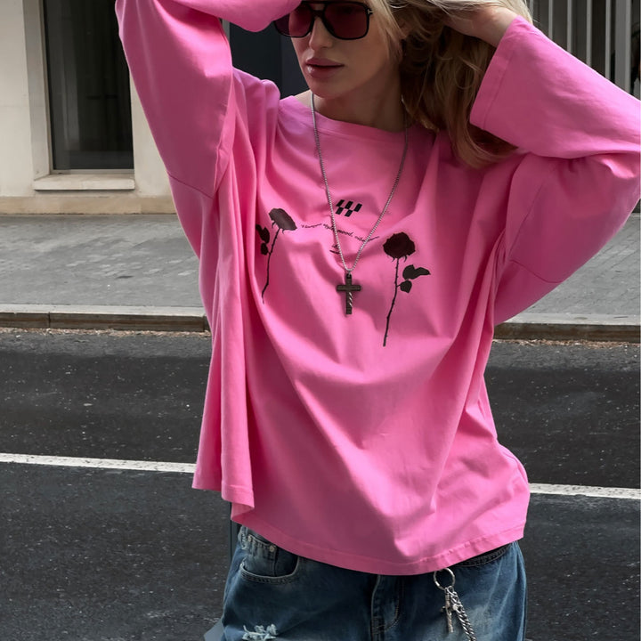 Damen Oversized Langarm-T-Shirt mit floralen Grafikdetails Drune