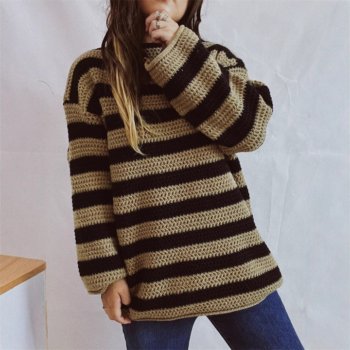 Damen gestrickter Oversized-Pullover mit breitem Streifenmuster Drune