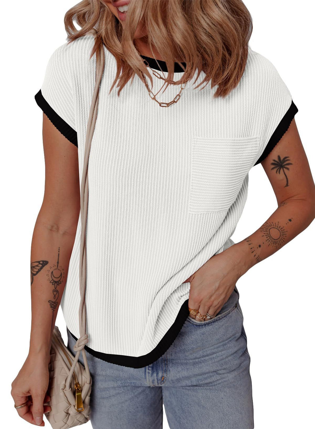 Damen modisches T-Shirt mit strukturiertem Material und Brusttasche Drune
