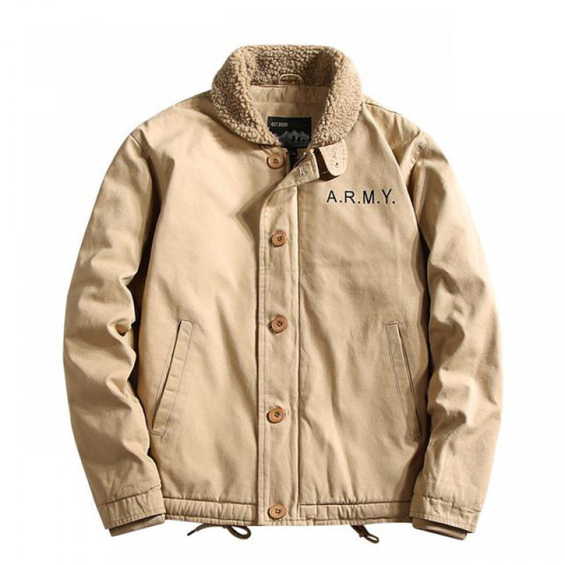 Herren nan gefütterte Canvas-Pilotjacke mit Teddykragen, verdeckter Knopfleiste und verstellbarem Kordelzugsaum Drune