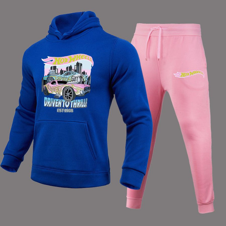 Damen bequemer Kapuzenpullover und Jogginghose Set mit auffälligem Auto-Motiv Drune