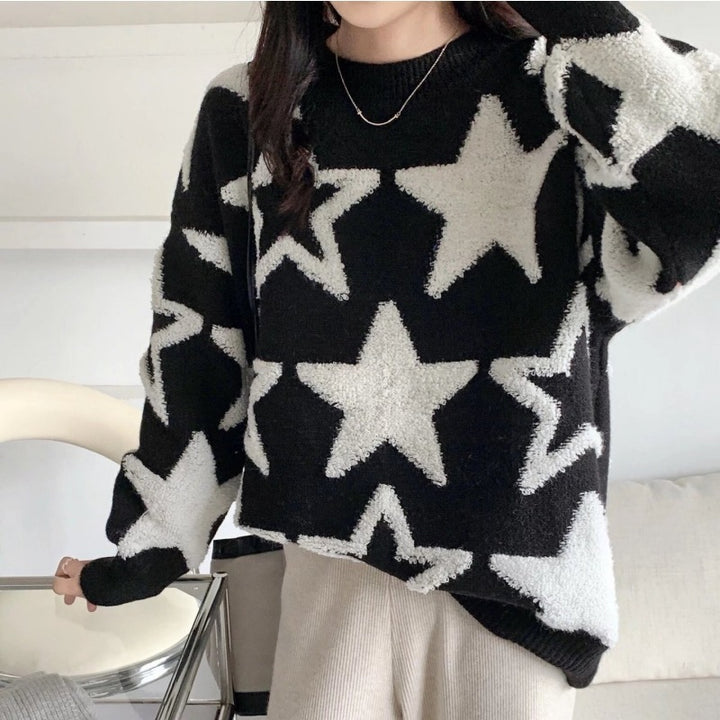Damen lässiger Oversize-Pullover mit Sternenmuster Drune