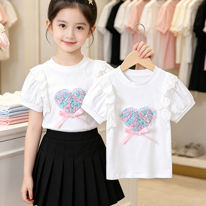 Mädchen T-Shirt mit Herzmotiv und Rüschendetails Drune