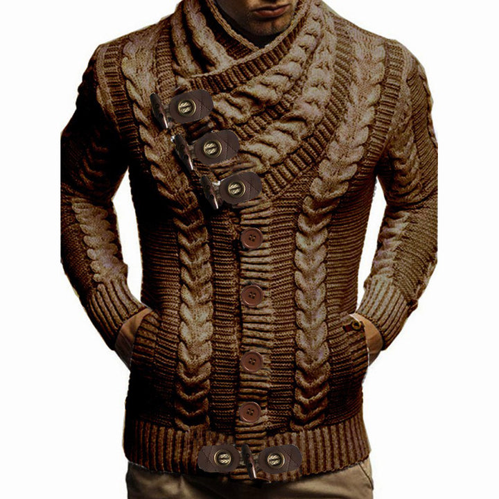 Herren Grobstrickjacke mit kreativem Schalkragen und Knopfdetails Drune