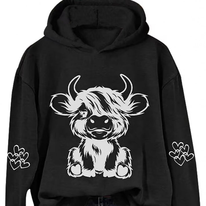 Damen Kapuzensweater mit entzückendem Kuhmotiv und praktischen Kängurutaschen Drune