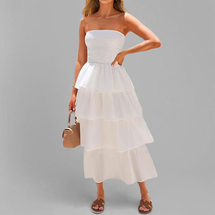 Damen Maxikleid mit schulterfreiem Design und voluminösen Rüschenschichten Drune