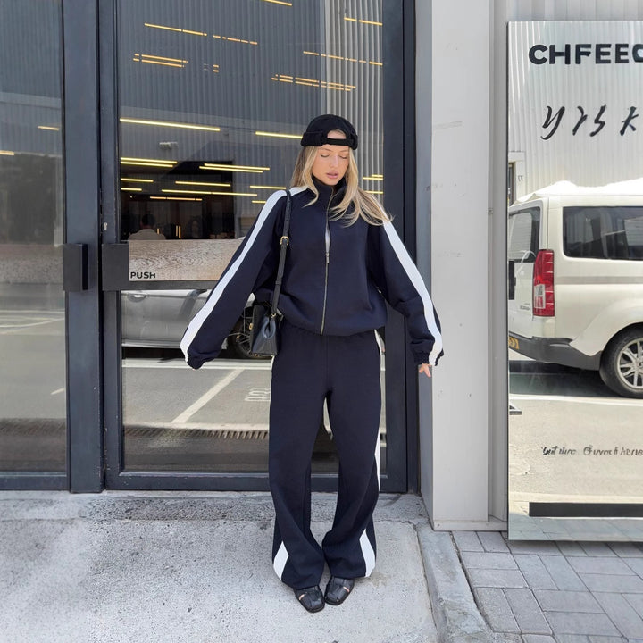 Damen sportliches Set mit attraktiven Kontraststreifen und weitem Schnitt Drune