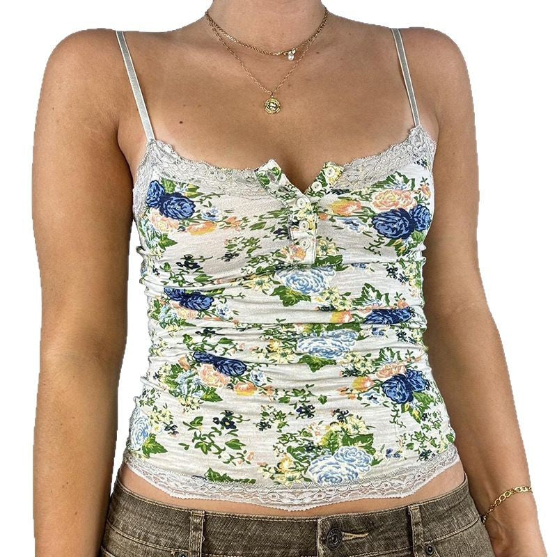 Damen Top mit Spitzenbesatz und floralen Mustern Drune
