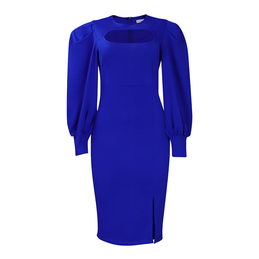 Damen Midi-Kleid mit raffiniertem Ausschnitt und voluminösen Puffärmeln Drune