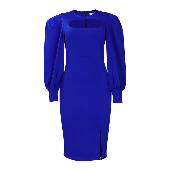 Damen Midi-Kleid mit raffiniertem Ausschnitt und voluminösen Puffärmeln Drune