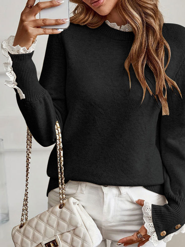 Damen feiner Pullover mit dekorativen Spitzenärmeln und eleganten Knopfdetails Drune