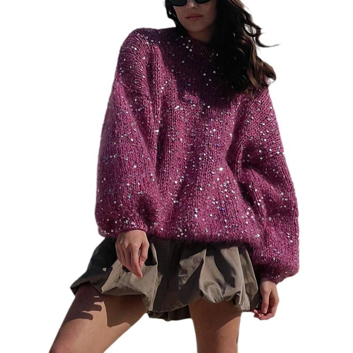 Damen Glitzernder Strickpullover mit Puffärmeln Drune
