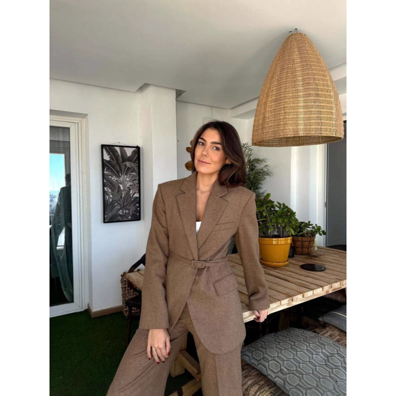 Damen Eleganter Blazer mit Taillengürtel und praktischen Taschen Drune