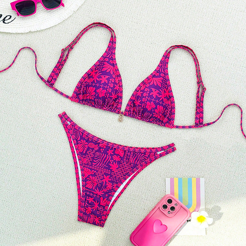 Damen Triangel-Bikini-Set mit floralem Muster und raffinierten Bindebändern Drune