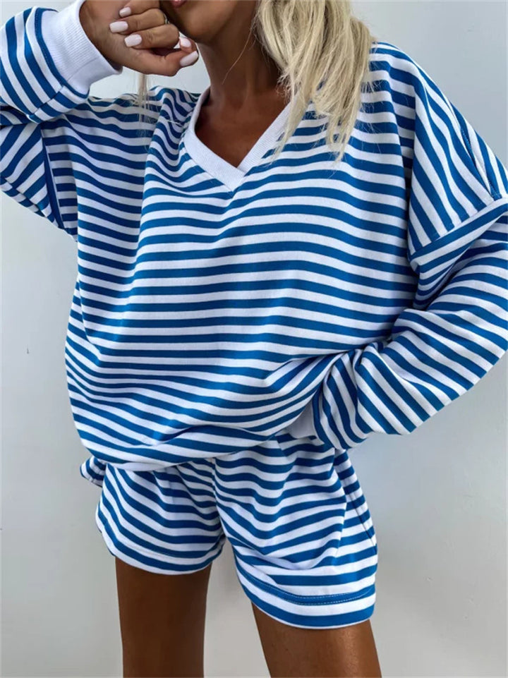 Damen lässiges Streifen-Loungewear-Set mit weit geschnittenem Oberteil und Shorts Drune