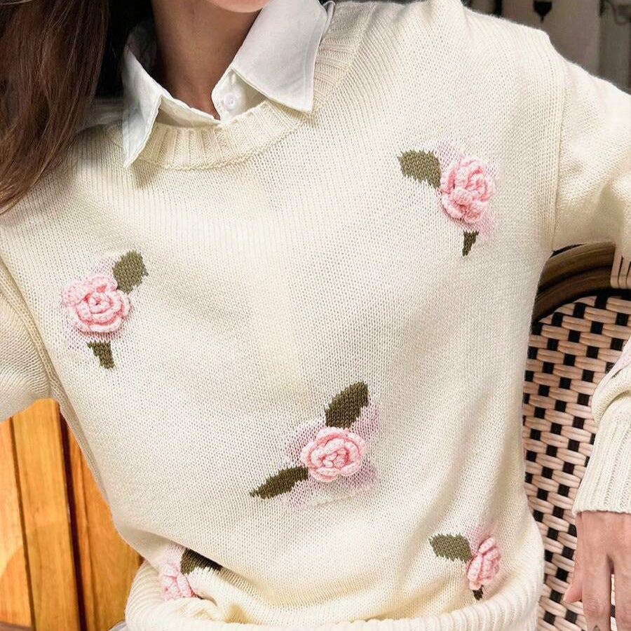 Damen Strickpullover mit floralen Applikationen und Rundhalsausschnitt Drune