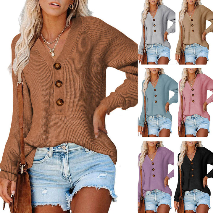 Damen lässiger Strickpullover mit Knopfdetail und V-Ausschnitt Drune