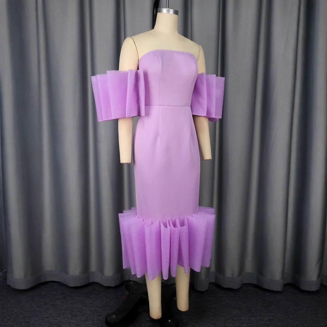 Damen Elegantes Midi-Kleid mit voluminösen Rüschenärmeln und asymmetrischem Saum Drune