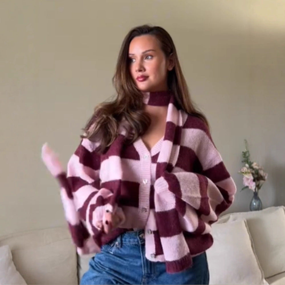 Damen kuschelige Strickjacke mit modischem Karomuster und abnehmbarem Schal Drune