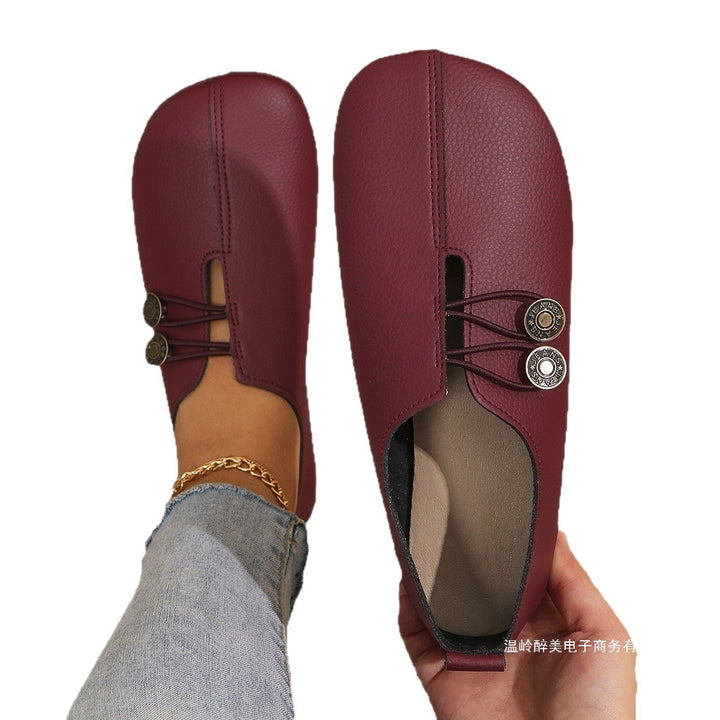 Damen nan flache Komfort-Mule mit dekorativen Knopf-Bändern und weichem Microvelours-Textil Drune