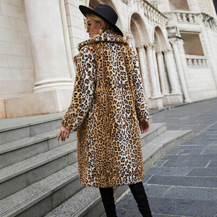 Damen Luxuriöser Kunstpelzmantel mit Leopard-Design Drune