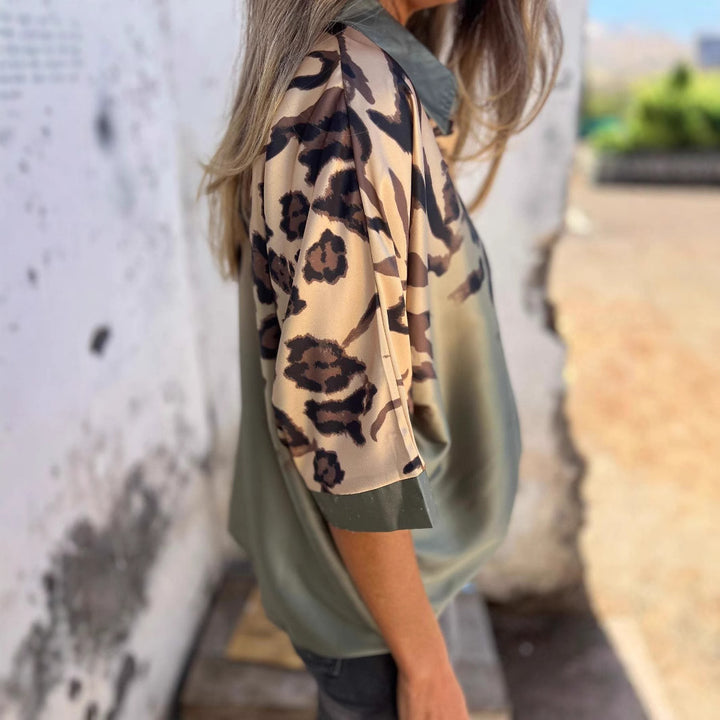 Damen elegante Seidenbluse mit zeitgemäßem Leo-Muster Drune