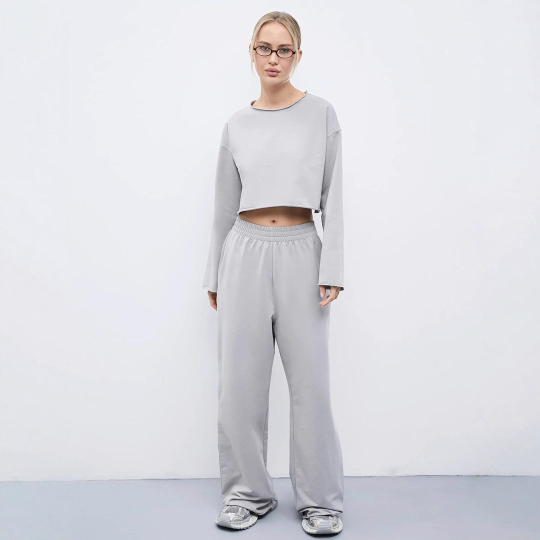 Damen Komfortables Cropped Sweatshirt und Weite Jogginghose Set Drune