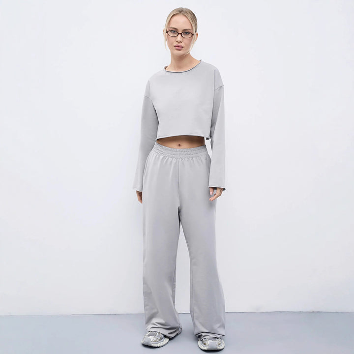 Damen Komfortables Cropped Sweatshirt und Weite Jogginghose Set Drune