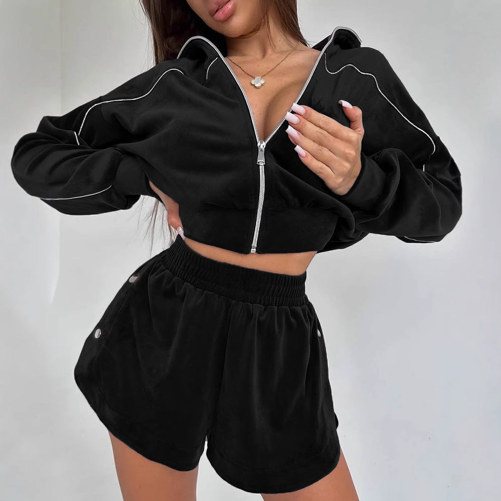 Damen sportliches Velours-Crop-Top und Shorts Set Drune