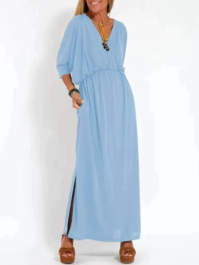 Damen elegantes Maxikleid mit seitlichem Schlitz und flexiblem Taillenbund Drune