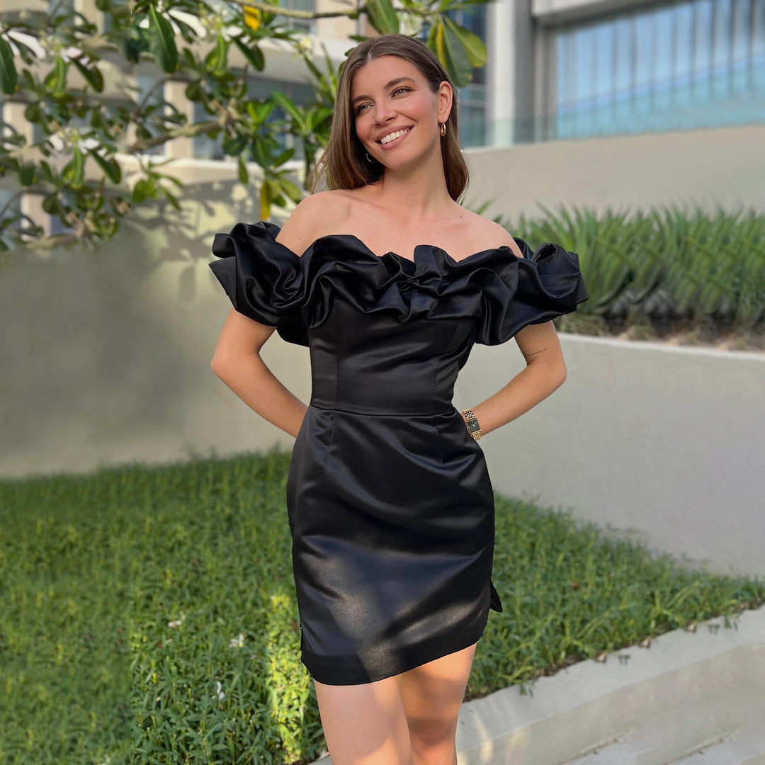 Damen Off-Shoulder Minikleid mit voluminösen Rüschen Drune