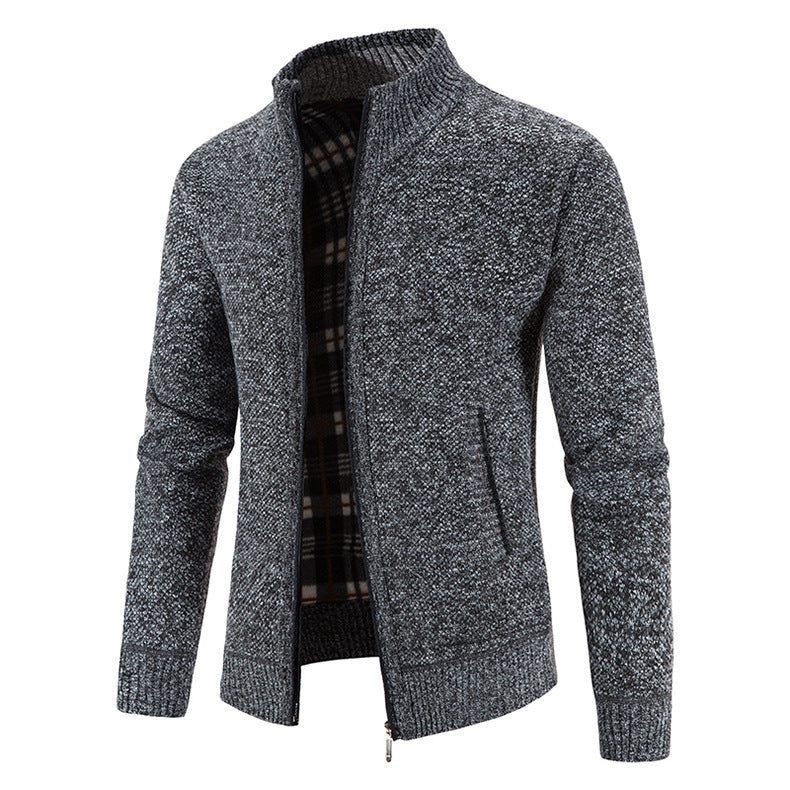 Herren nan Strickjacke mit durchgehendem Reißverschluss, Stehkragen und kariertem Futter Drune