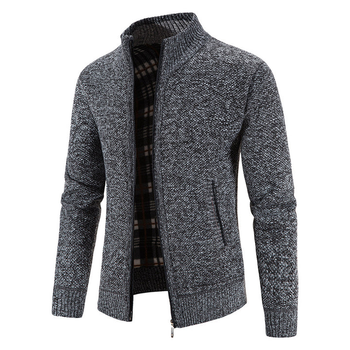 Herren nan Strickjacke mit durchgehendem Reißverschluss, Stehkragen und kariertem Futter Drune