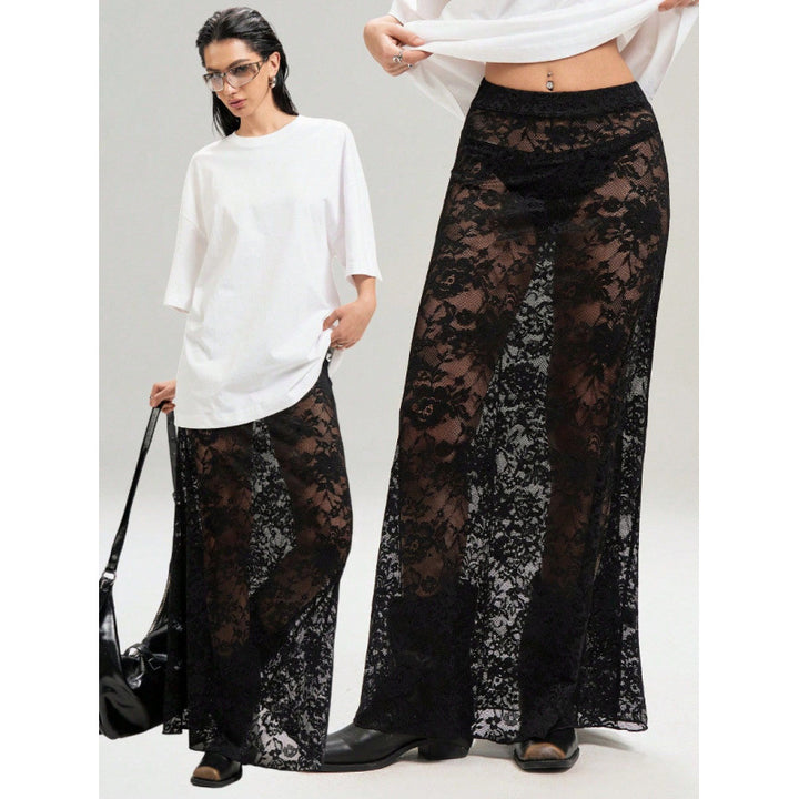 Damen Elegante Spitzenmaxi-Rock mit durchscheinendem Design und seitlichem Schlitz Drune
