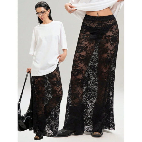 Damen Elegante Spitzenmaxi-Rock mit durchscheinendem Design und seitlichem Schlitz Drune