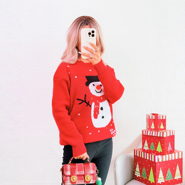 Damen Weihnachts-Pullover mit festlichem Schneemann-Motiv und gemütlichem Schnitt Drune