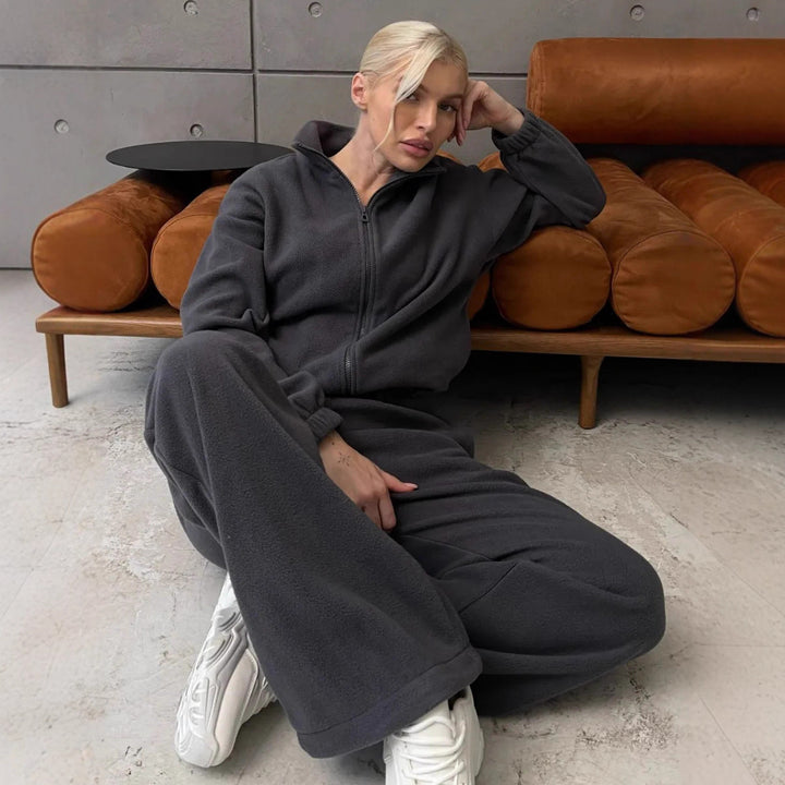 Damen modisches Fleece-Loungewear-Set mit hohem Kragen Drune