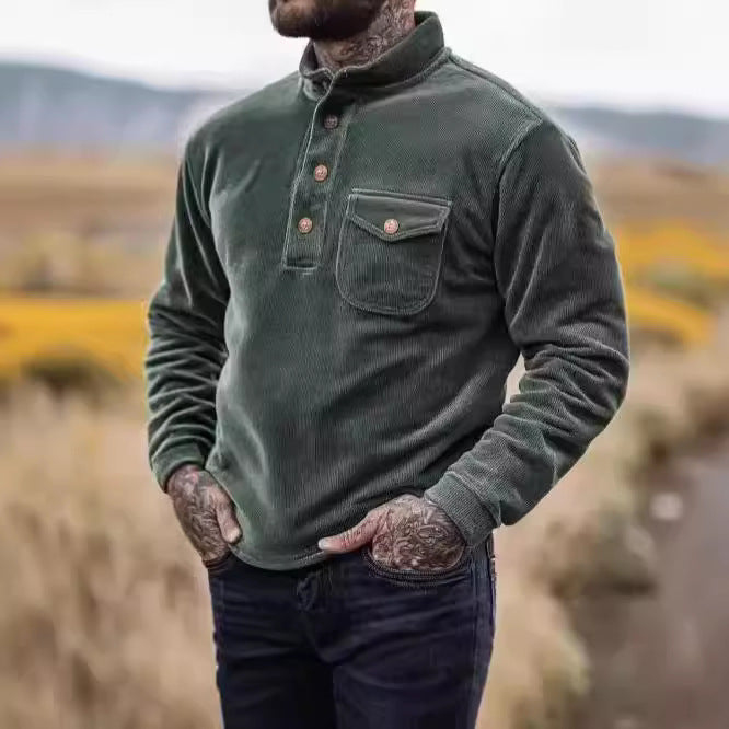 Herren Warmhaltendes Kord-Pullover mit Knopfleiste und Brusttasche Drune